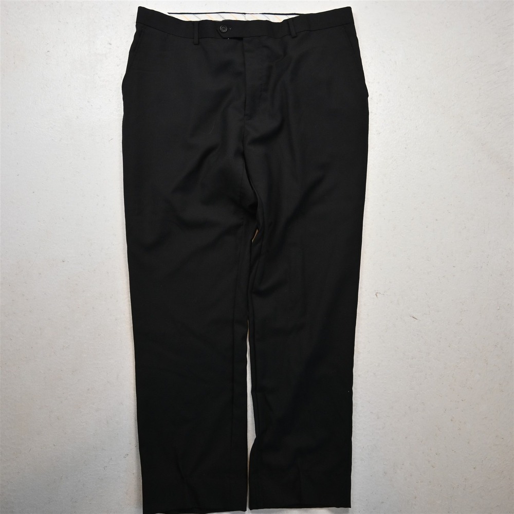Mantoni 36x32 Black Super 140s Wool Flat Front Straight Dress Mens Pants